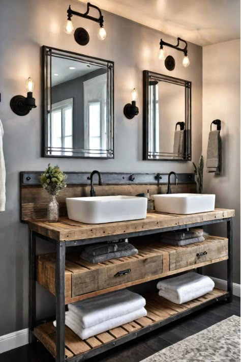 Farmhouse bathroom vanity with a concrete countertop Farmhouse Vanity, Serene Bathroom, Farmhouse Bathroom Vanity, Bathroom Retreat, Rustic Bathroom Decor, Stunning Bathrooms, Modern Farmhouse Bathroom, Chic Bathrooms, Bathroom Inspiration Decor