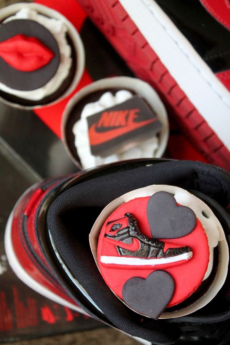 Jordan cupcakes perfect for a sneaker ball Jordan Cupcakes, Sneaker Ball, Custom Cupcake Toppers, Custom Cupcakes, Nike Jordan Retro, Jordan Retro 1, Retro 1, Sneaker Collection, Jordan Retro