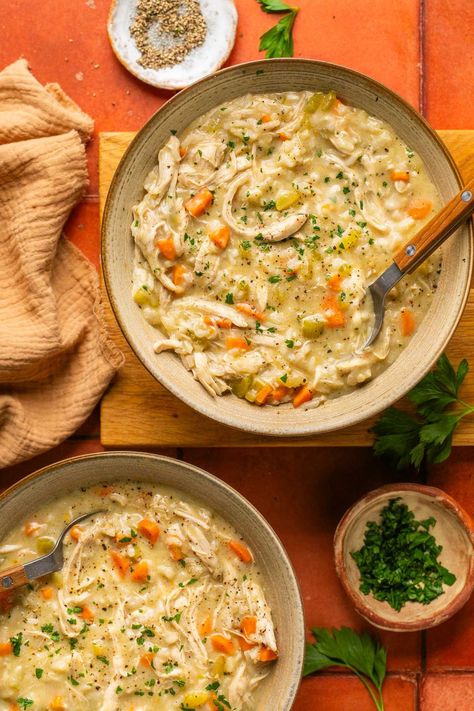 Creamy Chicken and Rice Soup Recipe | Healthy Little Peach Healthy Chicken And Rice Soup, Creamy Chicken And Rice Soup, Chicken Quinoa Soup, Soup Recipe Healthy, Healthy Little Peach, Creamy Chicken And Rice, Quinoa Soup, Rice Soup Recipes, Chicken Rice Soup