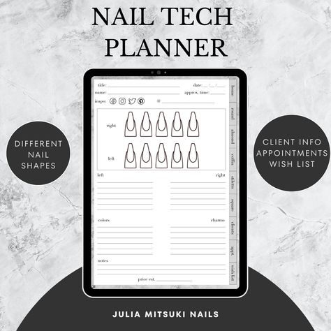 Explore limitless creativity with our Nail Tech Digital Planner! From Round to Stiletto, easily plan and design stunning nail art with detailed templates. Ideal for professional nail techs and beginners alike. Save time, money, and reduce waste – join the sustainable nail art movement! 💅✨ #NailArt #DigitalPlanner #NailTech #NailDesigns" Nail Shapes Round, Digital Nail Art, Nail Art Templates, Art Planner, Client List, Different Nail Shapes, Nail Room, Welcome To The Future, Business Organization