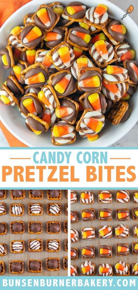 Candy Corn Trail Mix Halloween Party, Treats With Candy Corn, Candy Corn Pretzel Bites, Candy Corn Thanksgiving Treats, Halloween Treats Candy Corn, Candy Corn Pretzels, Halloween Pretzel Bites, Halloween Rolo Pretzels, Halloween Treats Pretzels