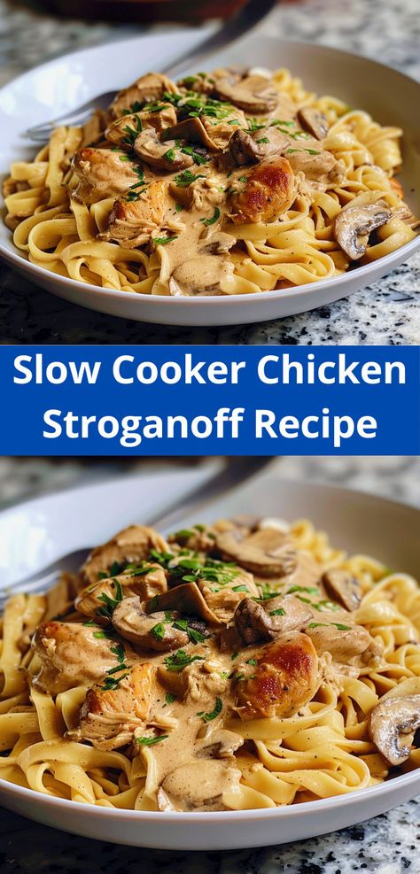 Creamy Slow Cooker Chicken Stroganoff: tender chicken in a flavorful sauce. Perfect weeknight meal. Stroganoff Slow Cooker, Slow Cooker Chicken Pasta, Quick Slow Cooker Meals, Slow Cooker Chicken Stroganoff, Chicken Stroganoff Recipe, Crockpot Roast Recipes, Slow Cooker Freezer Meals, Chicken Stroganoff, Marsala Chicken Recipes