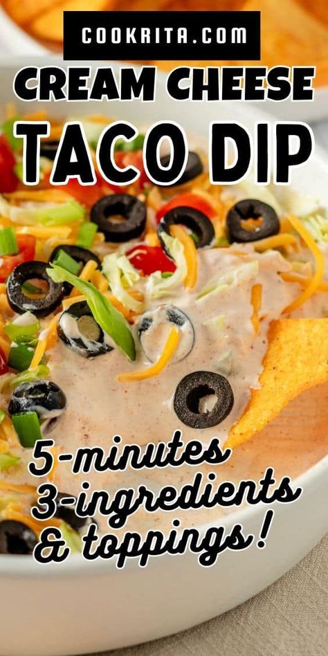 This Taco Dip with cream cheese is a quick, meatless crowd-pleaser! It's ready in just 5 minutes with only 3 main ingredients and your favorite toppings. This kind of dip is perfect for parties, holidays, movie nights, or game-day get-togethers! Taco Dip Recipe With Cream Cheese, 3 Ingredient Taco Dip, Dips To Go With Taco Bar, No Meat Taco Dip, Keto Taco Dip With Cream Cheese, Taco Dip For Party, Easy Shareable Dips, Recipe For Taco Dip, No Bake Taco Dip