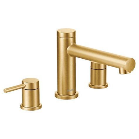 Align Brushed gold two-handle non diverter roman tub faucet -- T393BG -- Moen Moen Brushed Gold, Minimalist Powder Room, Moen Align, Master Baths, Roman Tub Faucets, Roman Tub, Powder Rooms, Tub Spout, Widespread Bathroom Faucet