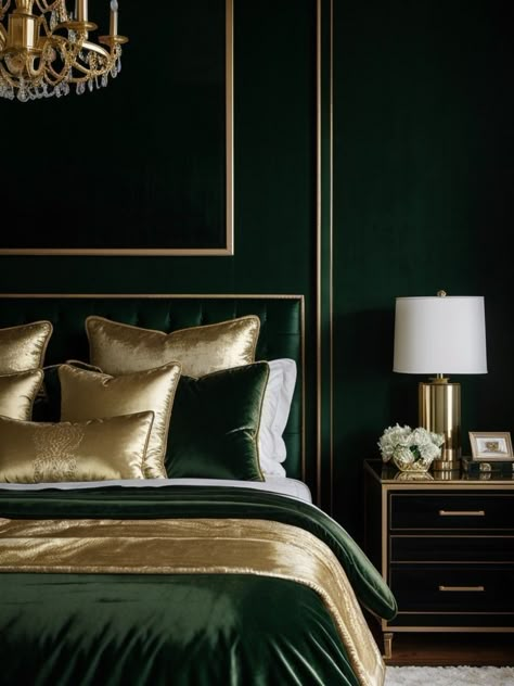 Royal Green Bedroom Ideas, Dark Green White Bedroom, Green Calm Bedroom, Emerald Green Bedding Ideas, Emerald Green And Gold Bedroom Ideas, Green And Gold Bedding, Green Luxury Bedroom, Luxury Green Bedroom, Emerald Green Accent Wall Bedroom