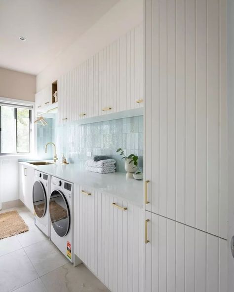 Michael Mudroom-Laundry Room • Instagram Modern Country Laundry, Laundry Splashback, Room Colour Schemes, Country Laundry, Light Blue Tile, Functional Laundry Room, Stylish Laundry Room, White Laundry, Mudroom Laundry Room