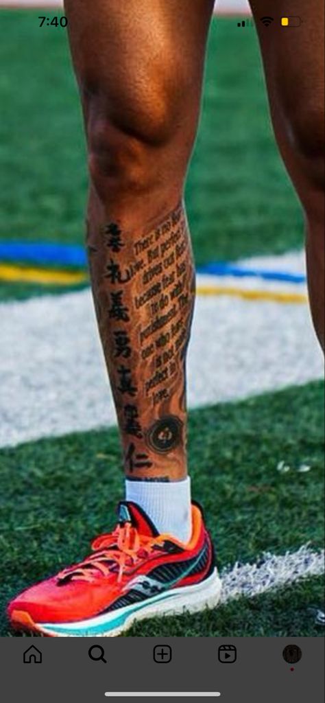 Good Leg Tattoos Men, Footballer Leg Tattoo, Outer Calf Tattoo Men, Calf Writing Tattoo, Leg Tattoo Ideas For Men Calves, Bible Verse Calf Tattoo, Black Leg Tattoo Men, Inside Leg Tattoo Men, Leg Peices Tattoos