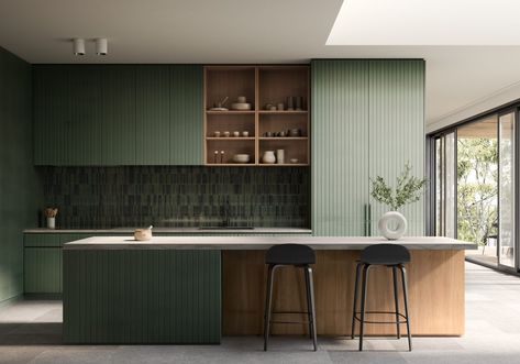 Laminex introduce new profiled door and drawer fronts - The Interiors Addict Green Kitchen Aesthetic, Green Kitchen Designs, Kitchen Aesthetic, Aesthetic Kitchen, The Local Project, Retro Interior, Vertical Design, Australian Homes, Stylish Kitchen