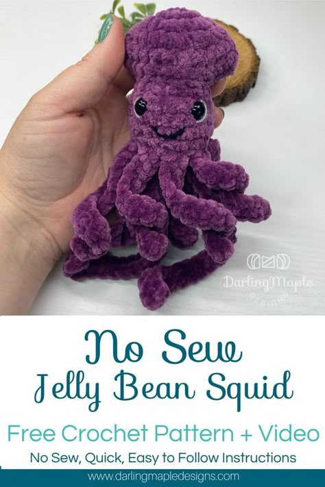 🐙 Dive into our Free No Sew Crochet Amigurumi Squid Pattern from Darling Maple Designs! With a quick and easy full video tutorial, you'll be creating your own cuddly sea creature in no time. Perfect for gifts or adding a whimsical touch to your own home. Follow us for more exciting patterns and tutorials! 💕 Crochet Amigurumi Acrylic Yarn, White Crochet Patterns Free, Crochet Fish Pattern Free Amigurumi, Amurguri Crochet, Free Crochet Squid Pattern, No Sew Mini Amigurumi, Lobster Crochet Pattern Free, Crochet Jellyfish Free Pattern Easy, Crochet No Sew Free Pattern