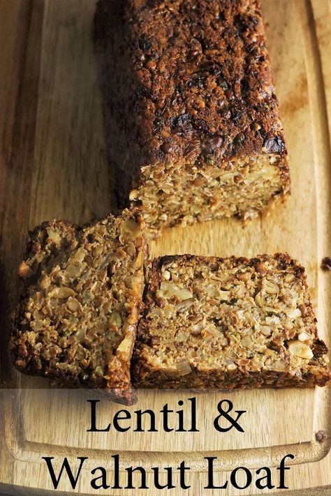 sliced lentil and walnut loaf on a wooden board Roasted Potatoes And Vegetables, Veggie Loaf, Walnut Loaf, Potatoes And Vegetables, Lentil Loaf, Canned Lentils, Vegetarian Bake, Fresh Salad, Loaf Recipes