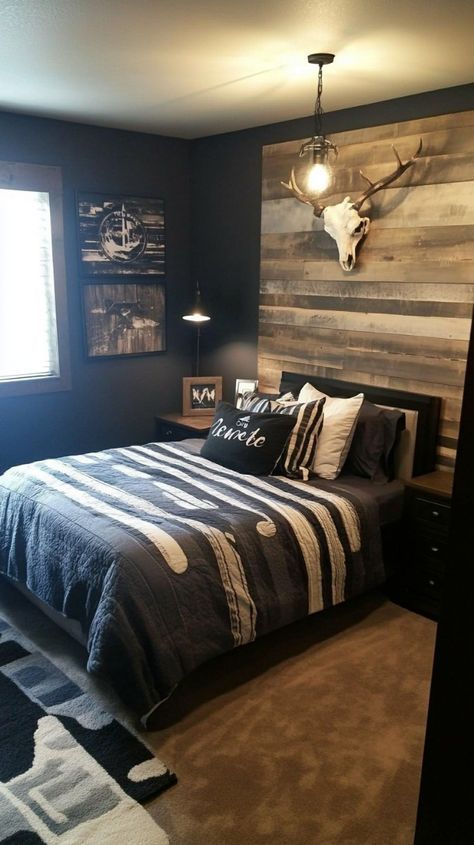 Teen Boy Hunting Bedroom, Hunting Boys Room, Boys Hunting Bedroom Ideas, Boys Fishing Room, Young Mans Bedroom Ideas, Older Boys Bedrooms, Young Mans Bedroom, Teen Boy Bedroom Ideas, Rustic Boys Room