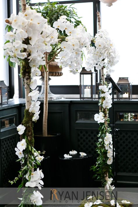 Wedding flower arch made of cascading white orchids by Bella Flowers. Wedding Arch With Orchids, Wedding Arch Orchid, Wedding Redo, Orchid Bridesmaid Dresses, Wedding Flowers White, Flower Arches, Engagement Stage, Flower Arch, Gramercy Park