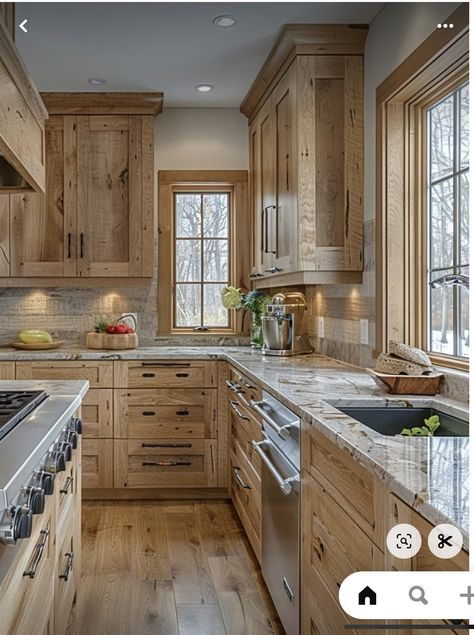 Whitewash Wood Kitchen Cabinets, Modern Cabin Kitchen Design, Hickory Wood Kitchen Cabinets, Light Hickory Kitchen Cabinets, Walkout Kitchen, Kitchen Hickory Cabinets, Modern Log Cabin Kitchen, Kitchen With Hickory Cabinets, Hickory Cabinets Kitchen