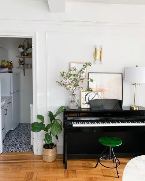 Piano In The Kitchen, Small Home Office With Piano, Piano Aesthetic Living Rooms, Standing Piano In Living Room, Styling A Piano Top, Black Piano Decor, Styling Piano, Digital Piano Decor, Piano Area