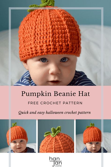 Learn to crochet a baby pumpkin hat for Halloween and Fall with this free crochet pattern by HanJan Crochet. In sizes newborn baby, toddler, child and adult, it even has a stalk and leaf on top! Perfect for beginners or anyone wanting a quick crochet project. #pumpkinbeanie #crochetpumpkinhat #babypumpkinhat Pumpkin Hat Pattern, Pumpkin Beanie, Crochet Pumpkin Hat, Baby Hat Free Pattern, Beanie Hat Pattern, Crochet Baby Beanie, Crochet Baby Hat Patterns, Halloween And Fall, Fall Crochet Patterns