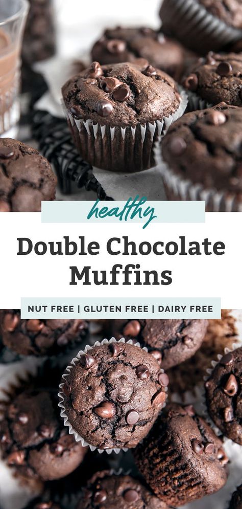 Healthy Chocolate Chip Muffins, Gluten Free Chocolate Muffins, Healthy Chocolate Muffins, Double Chocolate Chip Muffins, Dairy Free Recipe, Healthier Treats, Chocolate Muffin Recipe, Double Chocolate Muffins, Chocolate Banana Muffins