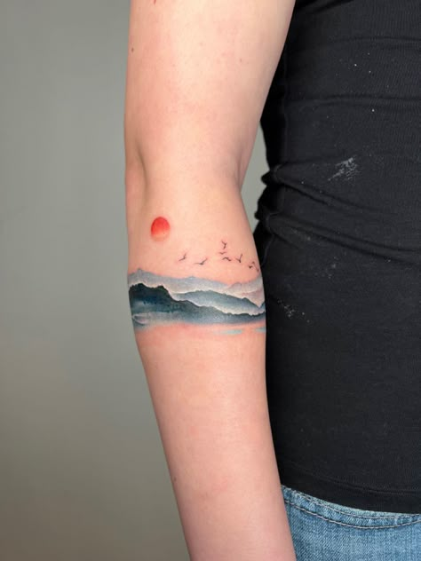 Armband Wave Tattoo, Sunset Arm Band Tattoo, Arm Band Tattoo Waves, Mountain Band Tattoo, Elemental Tattoos, Water Armband Tattoo, Mountain Ocean Arm Band Tattoo, Mountain Arm Band Tattoo, Mountains Arm Band Tattoo