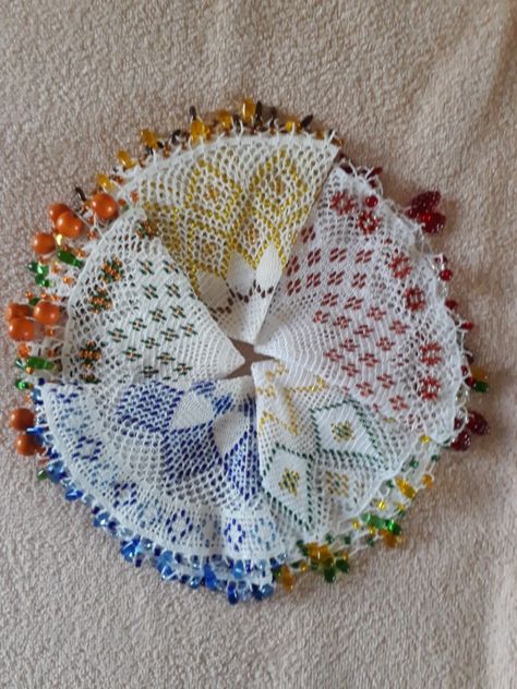 Beaded doilies Beaded Doily Pattern Free, Crochet Doilies With Beads, Crochet Beaded Doily, Crochet Doily With Beads, Decorating With Crochet Dollies, Beaded Doilies, Worsted Weight Doily Pattern, Vintage Crochet Doily Pattern Vintage Knit Crochet Pattern Shop, Milk Jar