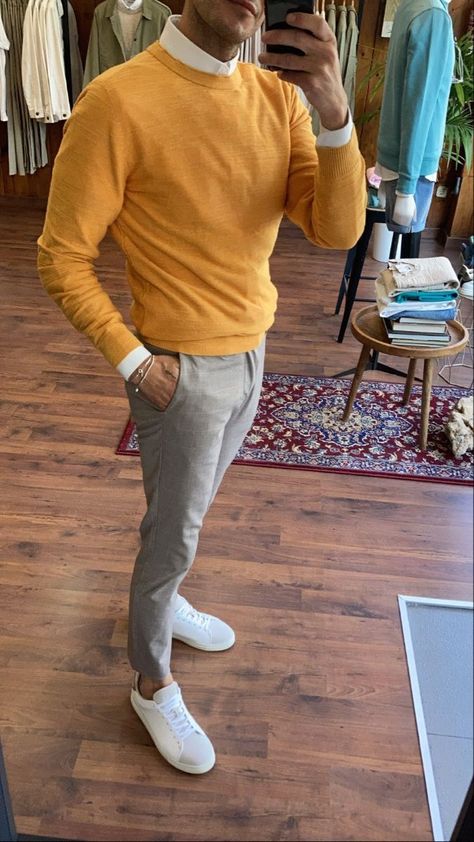 Yellow Sweater Mens Outfit, Mustard Sweater Outfit Men, Mens Mustard Sweater Outfit, Yellow And Grey Outfit Men, Yellow Sweatshirt Outfit Men, Yellow Sweater Outfit Men, Yellow Men Outfit, Mustard Shirt Outfit, Yellow Polo Shirt Outfit Men