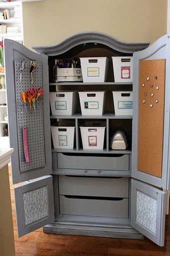 Several ways to repurpose an old TV armoire (with links). This craft closet pictured might be my favorite, but there are some other really cool ideas. Diy Organize, Craft Armoire, Furniture Refurbishing, Armoire Makeover, Tv Armoire, Craft Cabinet, Craft Station, Market Ideas, Organization Furniture