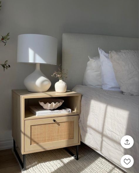 Bedroom Side Table Ideas, Diy Headboard Ideas, Nightstand With Storage, Storage For Living Room, Bedside Table Decor, Nathan James, Rattan Wood, Natural Oak Wood, Headboard Ideas