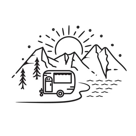 Camping Trailer Tattoo, Cute Camping Drawings, Blanket Doodle Drawing, Glamping Tattoo, Camping Line Art, Camper Drawing Simple, Easy Camping Drawings, Camping Drawing Simple, Line Drawing Mountain