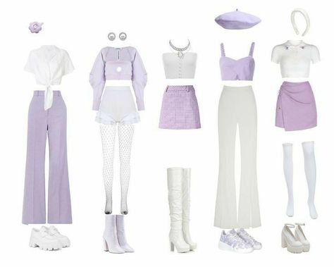 Spring Kpop Outfits, Stage Outfits Kpop Ideas Cute, 3 Member Kpop Outfits, Purple Kpop Outfits, 5 Member Stage Outfit, Kpop Stage Outfits Ideas, Korean Outfits Kpop, Kpop Stage, Pom Pom Girl