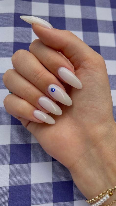 Milky nails Almond Milky Nails Design, Latte Nail Ideas, Milky Nail Designs, Milky Nails Design, Milky Nails With Design, Latte Nails, White Almond Nails, Evil Eye Nails, Nail Appointment