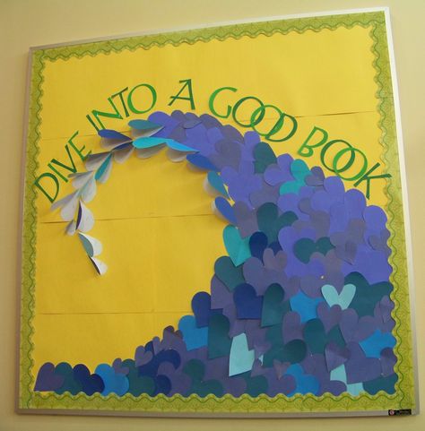 Library Bulletin Board Beach Decor Classroom Ocean Themes, August Library Bulletin Board Ideas, Dive Into Reading Bulletin Board, End Of Year Library Bulletin Board Ideas, Water Theme Bulletin Board, Library Ocean Theme, Surfing Bulletin Board Ideas, Summer Reading Bulletin Boards, August Library Displays