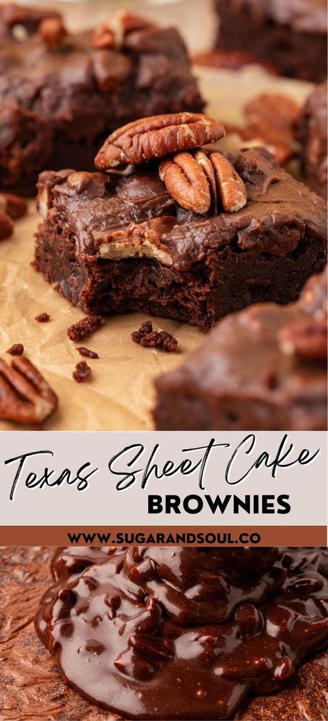 Fudgy, chewy Texas Sheet Cake Brownies are the ultimate way to deliver dessert to a crowd! This recipe uses pantry staple ingredients and a one-pot stovetop method to achieve the most divine brownies covered in chocolaty icing with chopped nuts! via @sugarandsoulco Wilton Brownie Pan Recipes, Sheet Pan Brownies For A Crowd, Sheet Brownies, Chocolate Cake Mix Brownies, Texas Sheet Cake Brownies, Sheet Cake Brownies, Brownies With Icing, Texas Brownies, Frozen Sheet Cake