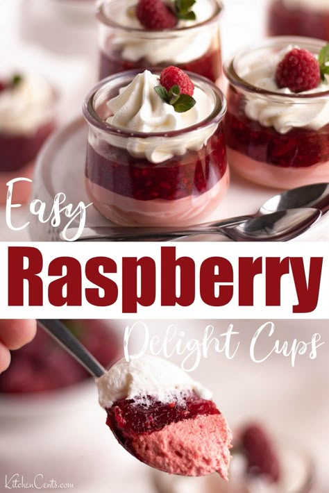 Raspberry Delight Cups: so easy and ONLY 3 ingredients | Kitchen Cents Raspberry Delight, Raspberry Jello, Raspberry Dessert, Dessert Cups Recipes, Mini Dessert Cups, Raspberry Desserts, Parfait Desserts, Raspberry Mousse, Jello Desserts