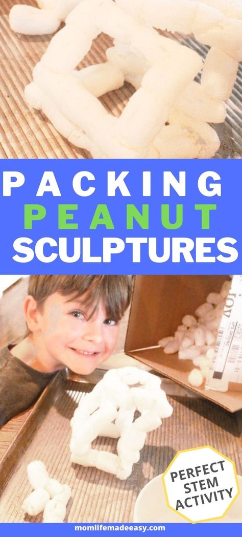 Styrofoam Peanuts Crafts, Packing Peanuts Repurpose, Packing Peanuts Crafts For Kids, Fdk Activities, Packing Peanuts Crafts, 4h Activities, Peanut Crafts, Recycling Projects For Kids, Toddler Stem