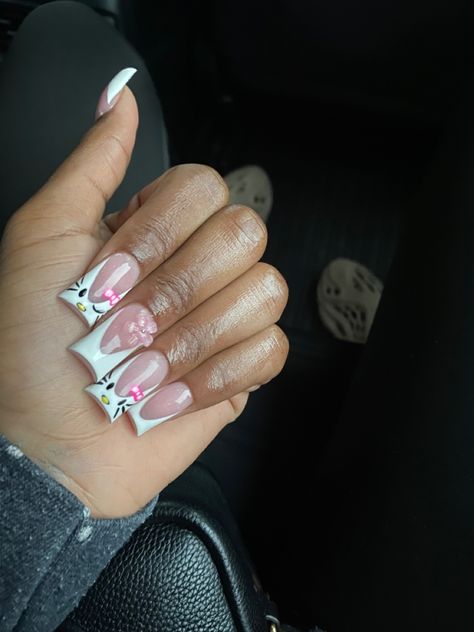 Mid Length Nails Acrylic, Hello Kitty Duck Nails, Nails Hello Kitty, Hard Nails, Duck Nails, Colored Acrylic Nails, Girly Acrylic Nails, French Tip Acrylic Nails, Hello Kitty Nails