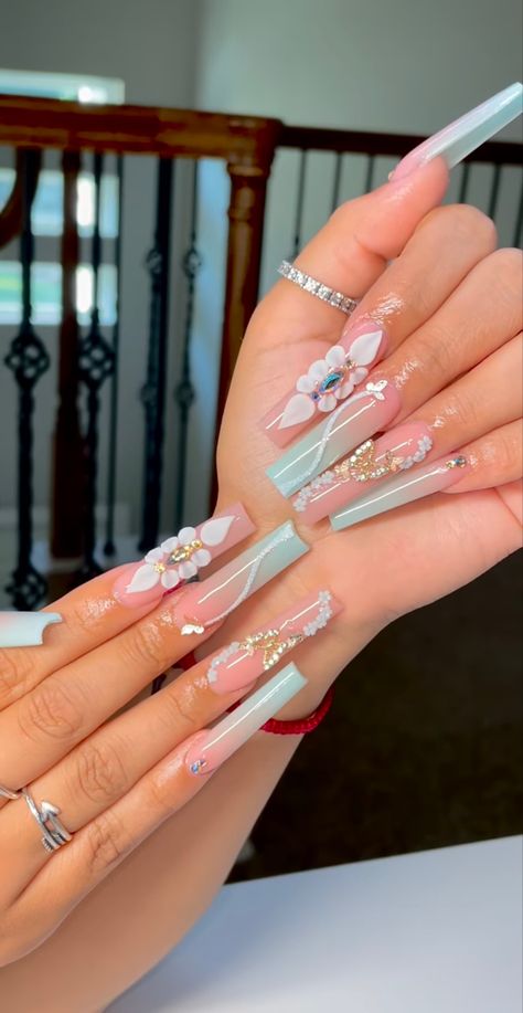 Blue nails 
Nails 
Blue 
Rhinestones nail
Crystal nails 
Quinceañera nails 
Prom nails 
Back to school nails Aesthetic Nails Y2k, Another Day Another Slay, Ombre Gel Nails, Aqua Nails, Nails Y2k, Spring Acrylic Nails, Dot Nail Art, Nails Green, Glow Nails