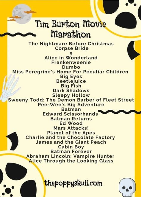 Movies Marathon List, Halloween Marathon Movies, All Tim Burton Movies, Tim Burton Books, Tim Burton Movie Marathon, Tim Burton Movies List, Tim Burton Party Ideas, Movie Ideas To Watch, Movie Marathon Ideas