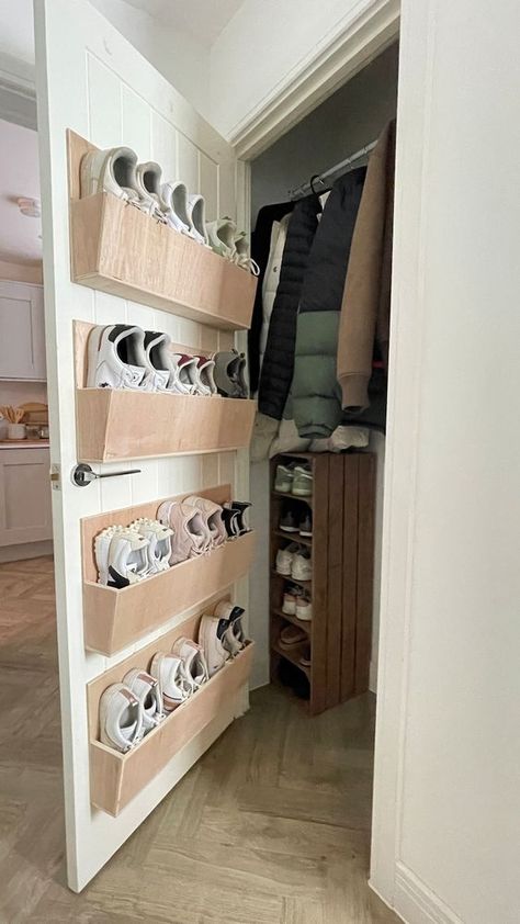 Shoe Rack, Hardwood Premium Wall or Door Mounted Shoe Rack Lightweight Fully Enclosed Back - Etsy UK Shoe And Cleaning Closet, Short Closet Ideas Small Spaces, Shoe Rack Between Studs, Under The Stair Shoe Storage, Downstairs Cupboard Ideas, Front Door Shoe And Bag Storage, Diy Angled Shoe Rack, Built In Shoe Cupboard, Entry Closet Storage Ideas