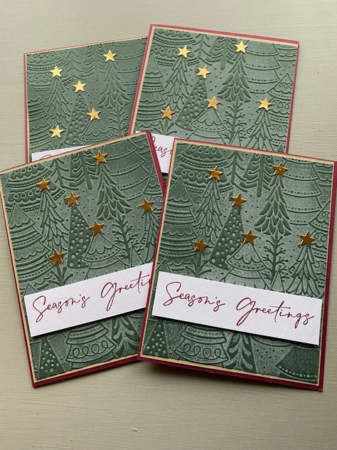 "This listing is for Embossed whimsical trees Christmas Cards with envelopes. The cards are made from premium card stock in evergreen color, embossed with trees.  Gold stars adorn the tops of some trees.  The cards are three layers , merlot for base, crumb cake for the middle and the top is in evergreen.  The sentiment is stamped in coordinating ink and popped.  The cards measure 4 1/4\" wide by 5 1/2\" tall and comes with a white envelope.  All are stamped on the inside with the sentiment shown Christmas Card Stock, Evergreen Color, Whimsical Trees, Stamped Christmas Cards, Whimsical Woodland, Family Christmas Cards, Paper Stuff, Trees Christmas, Stampin Up Christmas Cards