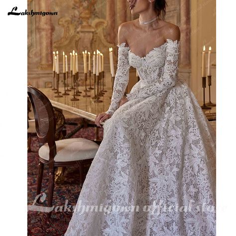 Lakshmigown Gorgeous A Line Wedding Dresses Sweetheart Off Shoulder Lace Bridal Dress Long Sleeve Italian Wedding Dress, Pretty Wedding Dresses, White Wedding Dress, Dream Wedding Ideas Dresses, Sleeve Wedding Dress, A Wedding Dress, Long Sleeve Wedding, Long Wedding Dresses, Dreamy Wedding