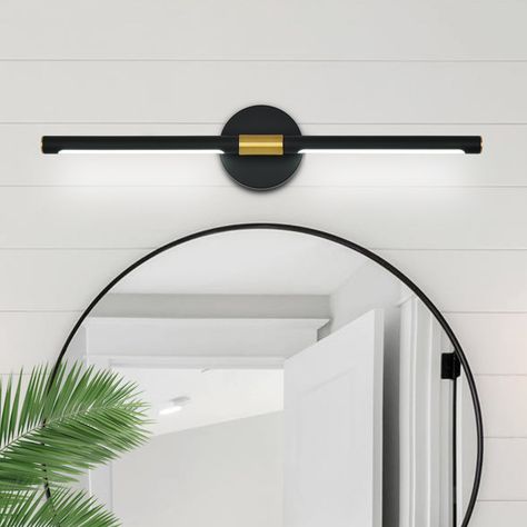 Mercer41 Mykai Dimmable LED Vanity Light & Reviews | Wayfair Black Brass Vanity Light, Minimalist Bathroom Light Fixtures, Bathroom Light Fixtures Black, Powder Room Bathroom, Small Powder Room, Black Light Fixture, Primary Bathroom, Bathroom Light, Led Vanity