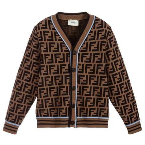 Ff Monogram, Boys Designer Clothes, Fendi Kids, Pattern Cardigan, Kids Cardigans, Italian Luxury Brands, Brown Cardigan, Monogram Pattern, Patterned Cardigans