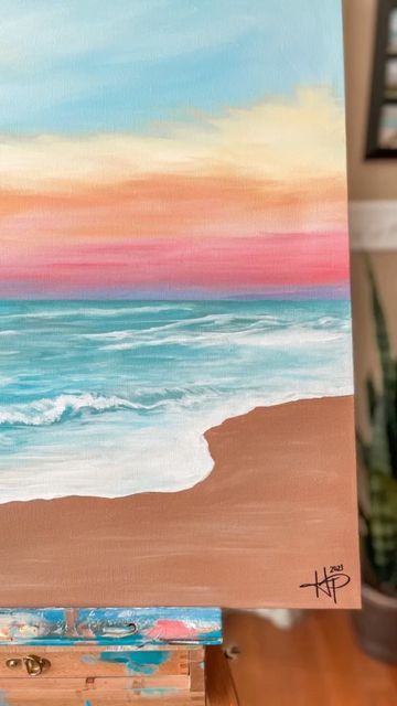 Summer Sky Painting, Summer Themed Paintings, Summer Acrylic Painting Ideas, Write Inspiration, Beach Sunset Painting, Ocean Paintings, Paint Inspo, Beach Art Painting, Acrylic Painting Diy