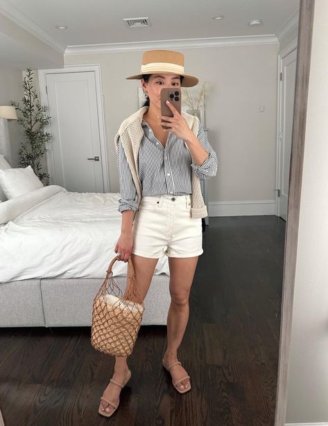 white denim shorts summer outfits for women // affordable sun hat White Denim Shorts Outfit, Petite Outfit Ideas, Mom Friendly Outfits, Denim Shorts Outfit Summer, Sweater Jackets, Denim Shorts Outfit, Simple Casual Outfits, Summer Wardrobe Staples, White Denim Shorts