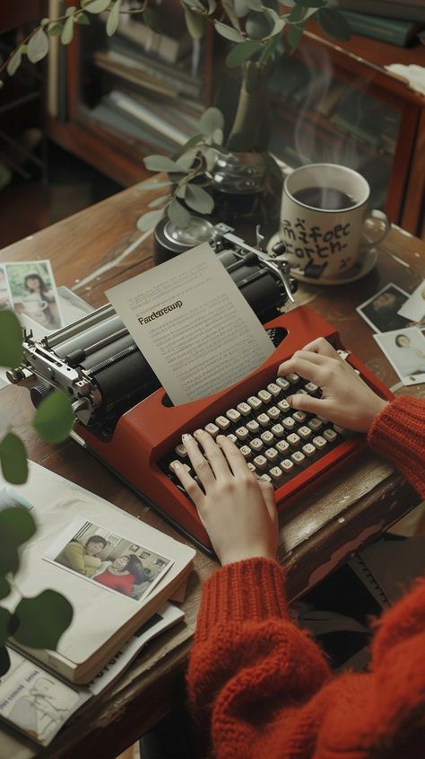 "Vintage #WritingProcess: An individual in a warm sweater is typing on an #AntiqueTypewriter among various personal items. #Typewriter #Vintage #Writing #Creativity #Nostalgia #AIArt #AIPhoto #StockCake ⬇️ #Download and 📝 #Prompt 👉 https://stockcake.com/i/vintage-writing-process_709075_607072". Women Writing Aesthetic, Typewriter Photoshoot, Creative Process Aesthetic, Woman Writing Aesthetic, Vintage Typewriter Aesthetic, Script Writing Aesthetic, Writing A Book Aesthetic, Typewriter Photography, Christmas Ideas For Mum