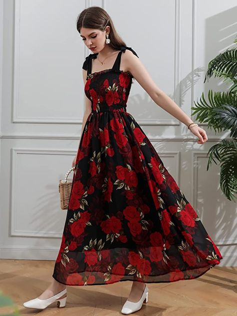 Floral Print Spaghetti Strap Sundress, Flowy Red Floral Sundress, Red Sleeveless Sundress With Floral Print, Summer Floral Print Non-stretch Sundress, Aesthetic Dress Outfit, Black Maxi Dress With Floral Print, Spaghetti Straps, Beach Outfit For Women, Long Summer Dresses Maxi, Aesthetic Dress