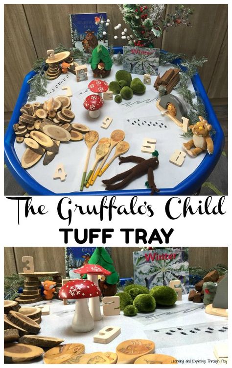 The Gruffalos Child Winter Tuff Tray Christmas Tuff Tray Ideas, Gruffalo Eyfs, Gruffalo Crumble, Preschool Invitations, Eyfs Autumn, Gruffalo Activities, Playgroup Ideas, Tuff Tray Ideas Toddlers, Tuff Tray Ideas