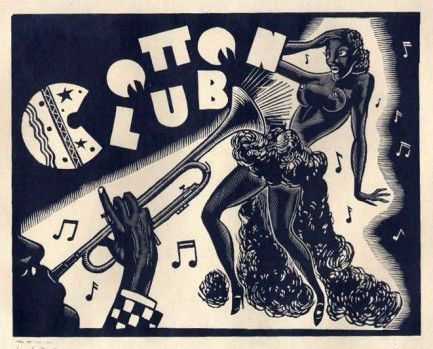 It's a 1929 woodcut print promoting Harlem's famous Cotton Club.    #1929 #woodcut #print #CottonClub #vintage #ill The Cotton Club, Rhapsody In Blue, Jazz Poster, Club Poster, Cotton Club, Wood Block Printing, Woodcuts Prints, African American History, New Yorker