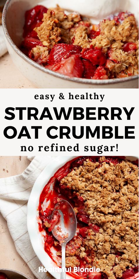 This easy strawberry crumble recipe is the perfect sweet, healthy, and gluten-free summer dessert! It's sweetened with maple syrup and topped with a crisp, buttery oat crumble. You can use fresh or frozen strawberries! Healthy Strawberry Crumble, Easy Strawberry Crumble, Strawberry Crumble Recipe, Strawberry Crisp Recipe, Strawberry Gluten Free, Strawberry Crumble, Strawberry Crisp, Strawberry Protein, Strawberry Oatmeal