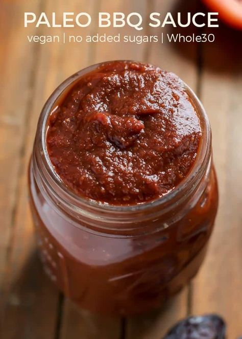 Paleo BBQ Sauce with Medjool Dates • Fit Mitten Kitchen Recipe With Dates, Vinegar Bbq Sauce, Paleo Bbq Sauce, Paleo Bbq, Paleo Barbecue Sauce, Simple Paleo, Easy Whole 30 Recipes, Clean And Delicious, Eating Vegan