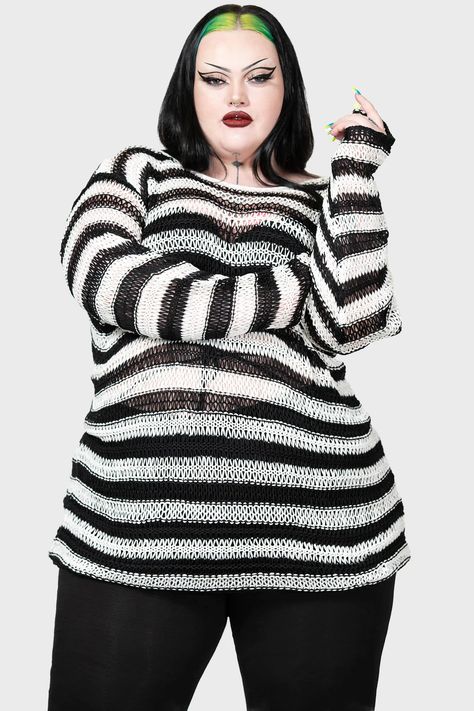 - Soft stretch knit. - Contrasting stripe design. - Regular fit. - Unisex, so it's for everyone! With KILLSTAR branding, 100% Acrylic. Plus Size Goth Fashion, Cross Leggings, Grunge Sweater, Plus Size Goth, Goth Outfit Ideas, Boho Witch, Fishnet Leggings, Goth Outfit, Sweater Plus