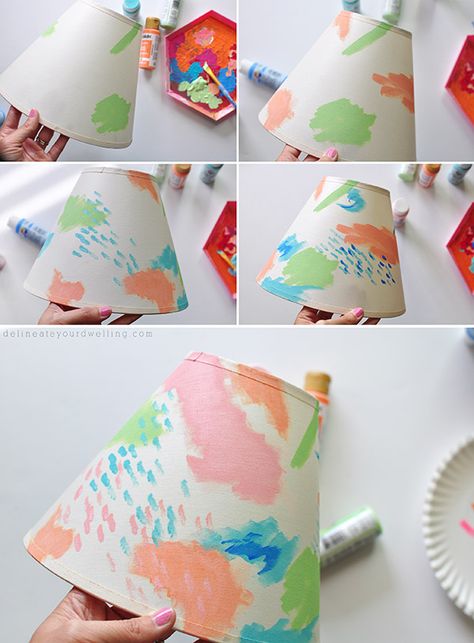 Colorful Painted Lampshade DIY Painted Lampshade Diy, Lampshade Painting, Lampshade Upcycle, Diy Graveyard, Painted Lampshade, Lampshade Diy, Painted Lamp, Old Lamp Shades, Lampshade Makeover